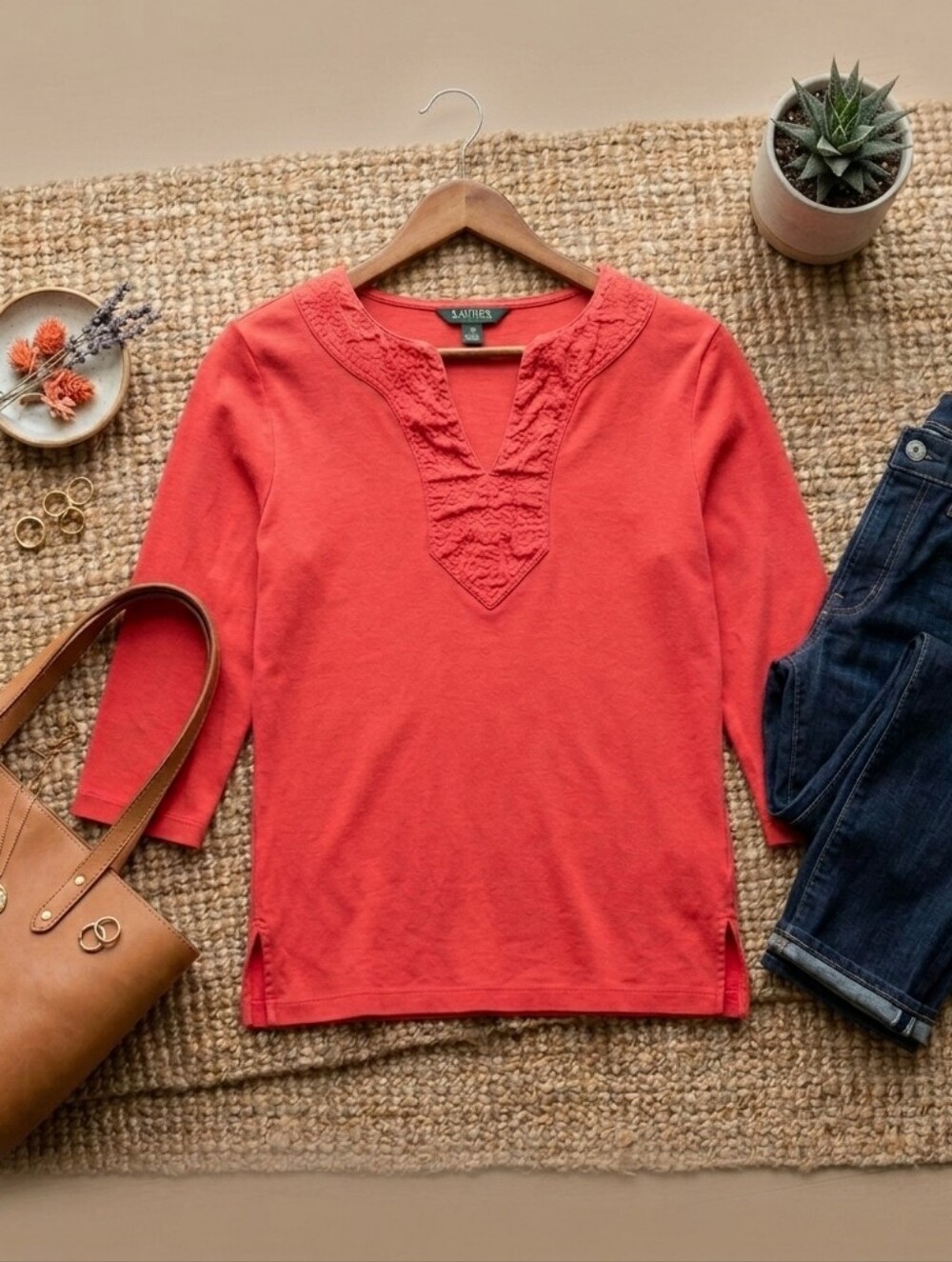 Lauren Ralph Lauren Coral Embroidered Split Neck 3/4 Sleeve Blouse Size Large